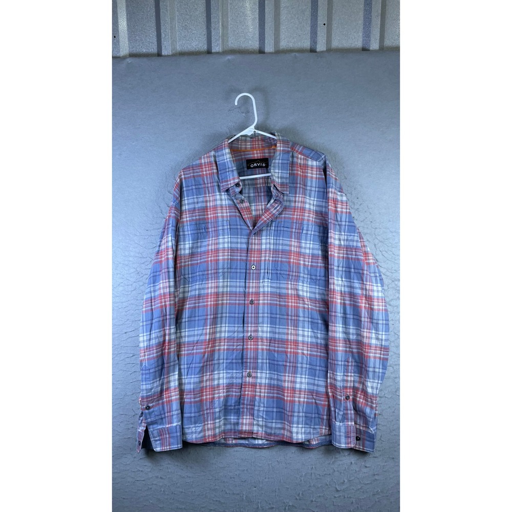 Orvis Button Down Shirt Mens XL Blue Red Plaid Excellent Long Sleeve Casual